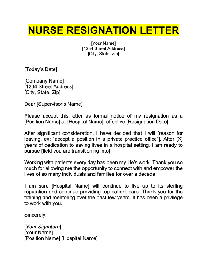 An example of a well-written nurse resignation letter with a bold, yellow-highlighted title. The content follows business letter formatting and includes templated information in brackets.