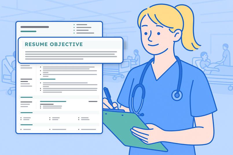 A nurse standing next to a resume with the resume objective highlighted.