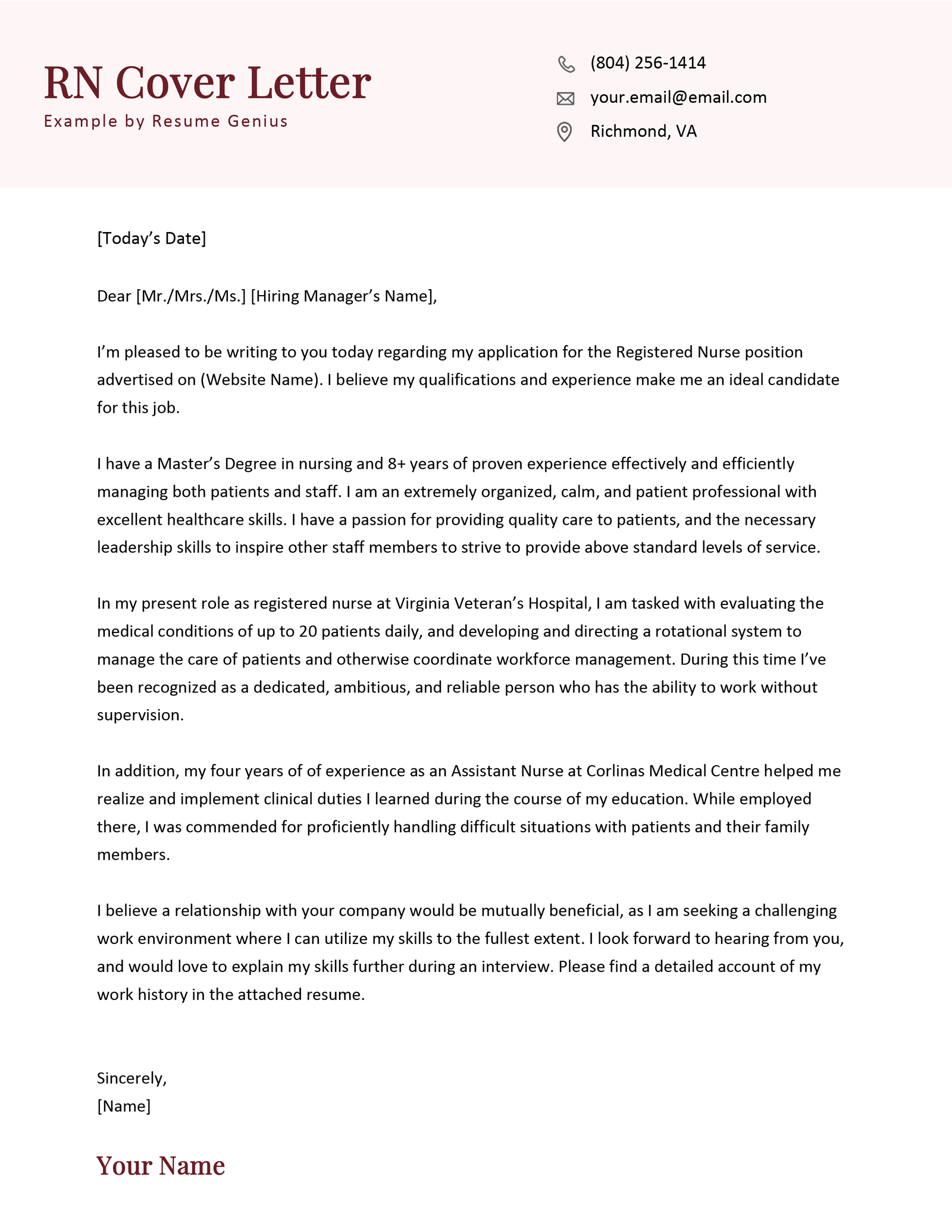 An example cover letter for a nurse.