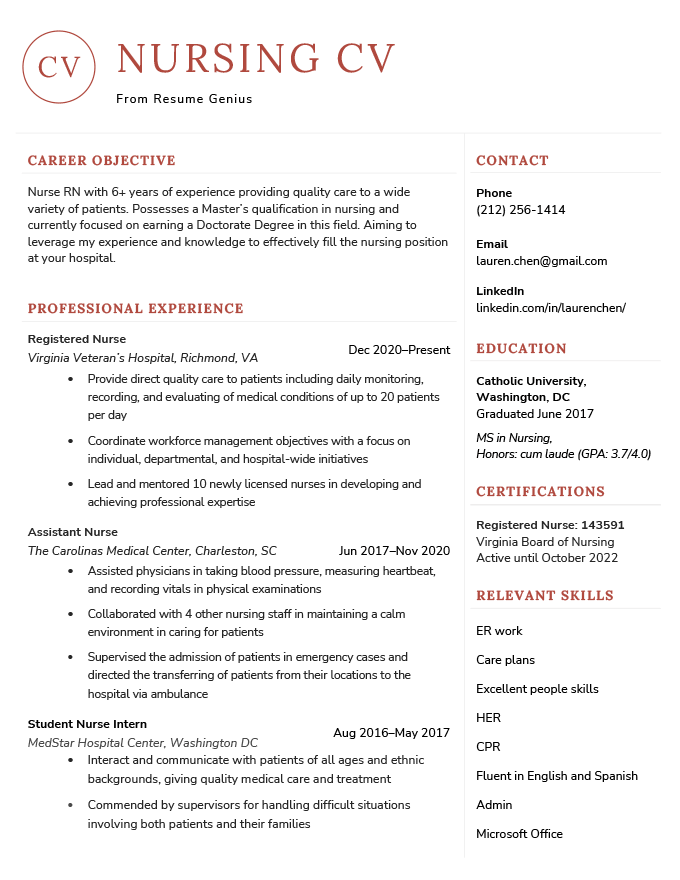 Nursing CV example An example of a nursing CV with a red header and modern design