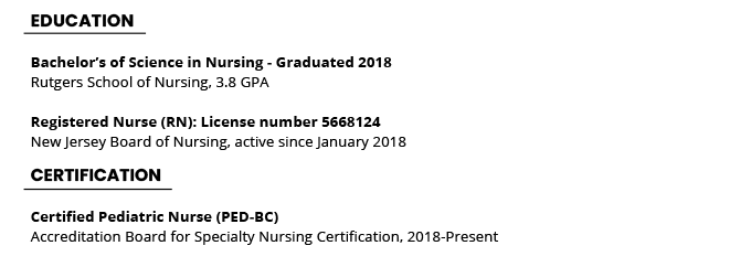 An example of nursing education and credentials listed on a resume in ANCC order