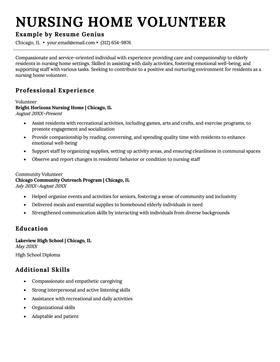 An example of a resume for a nursing home volunteer position