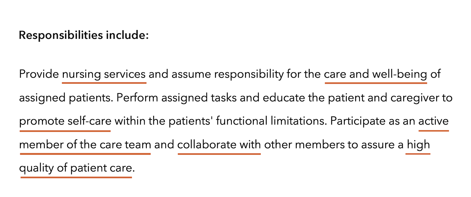 An example of a nursing job description with keywords