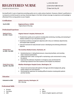 Nursing resume example using a space-efficient, red design that's highly formal