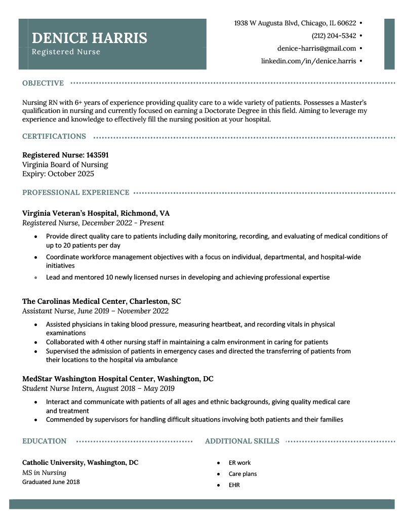 Example of a nursing resume written by an RN with 6 years of experience. The resume design is simple and professional.