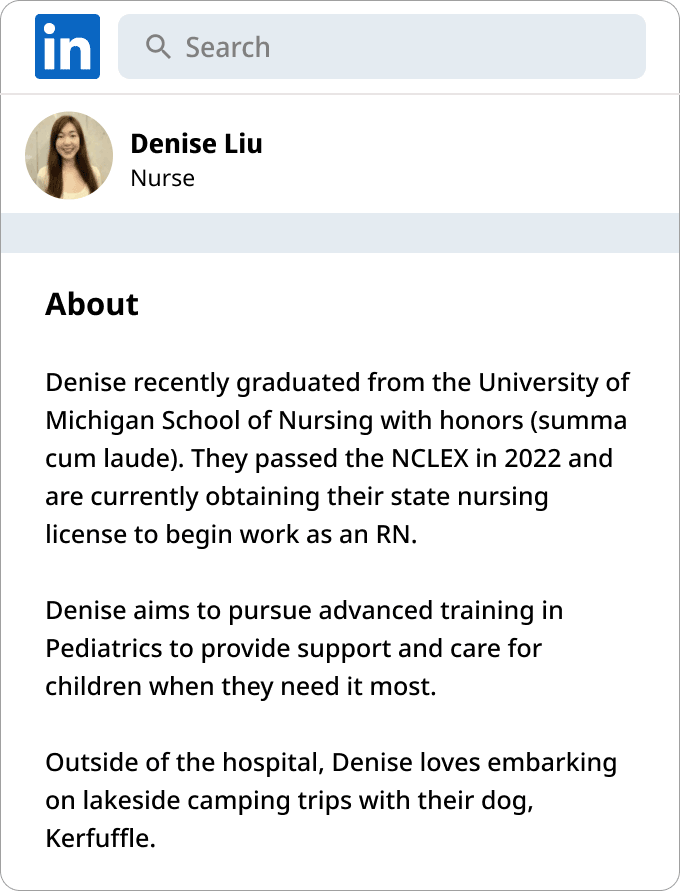 Example of a professional bio for a recent nursing school graduate.