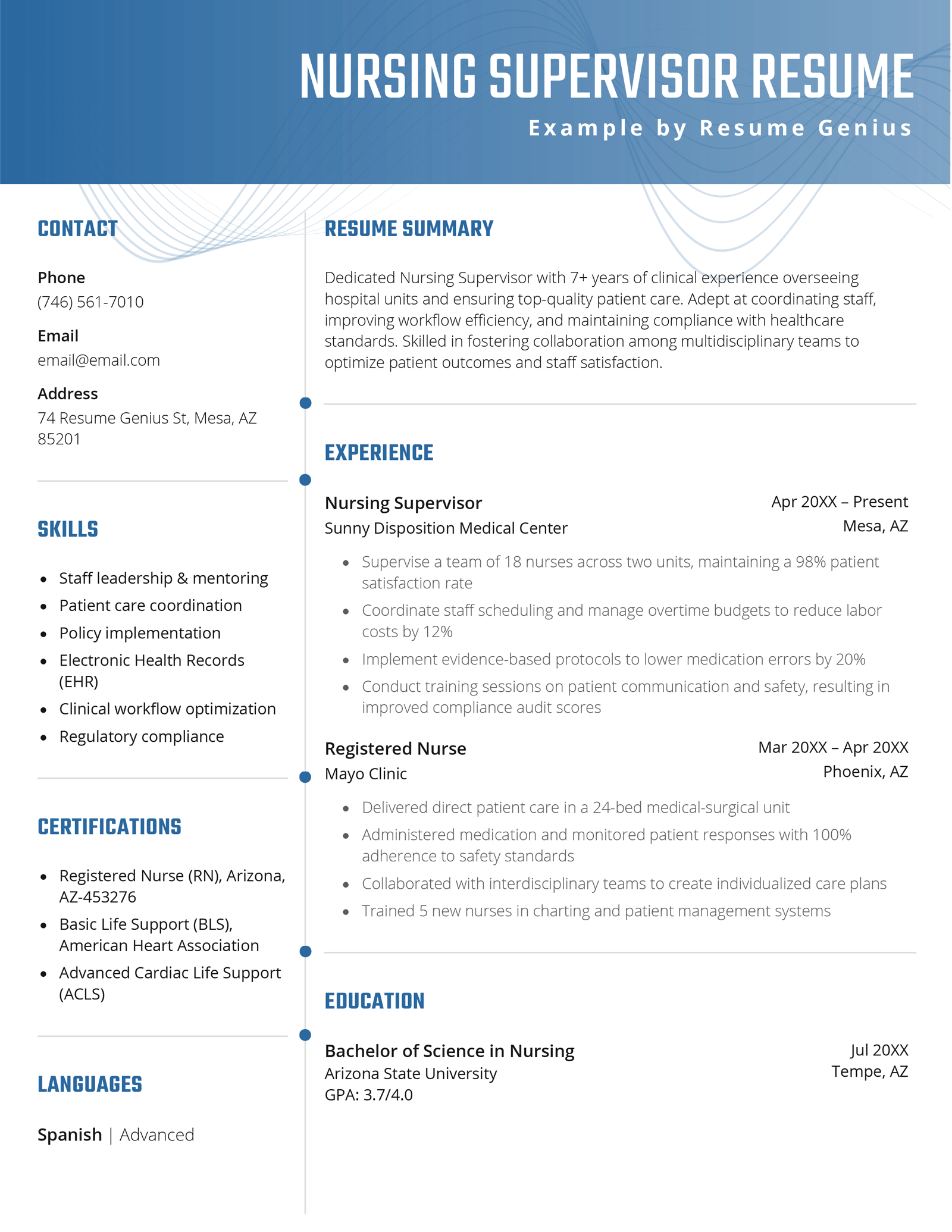 A nursing supervisor resume example.