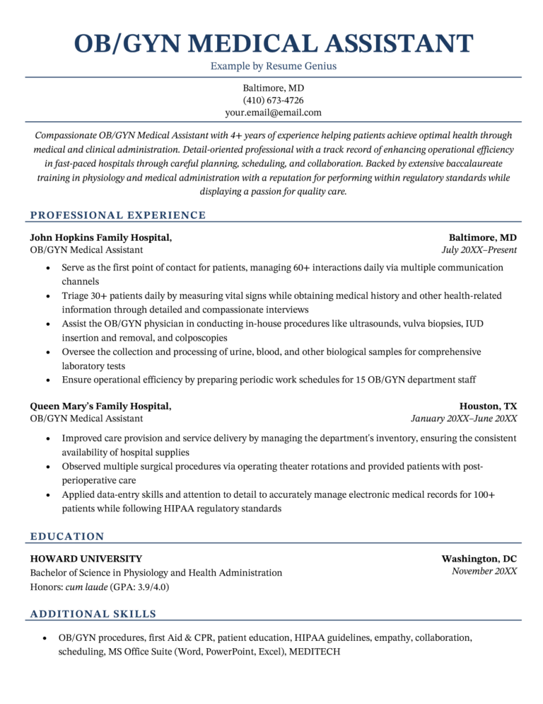 OB GYN Medical Assistant Resume Example Free Template   Ob Gyn Medical Assistant Resume Example 768x994 