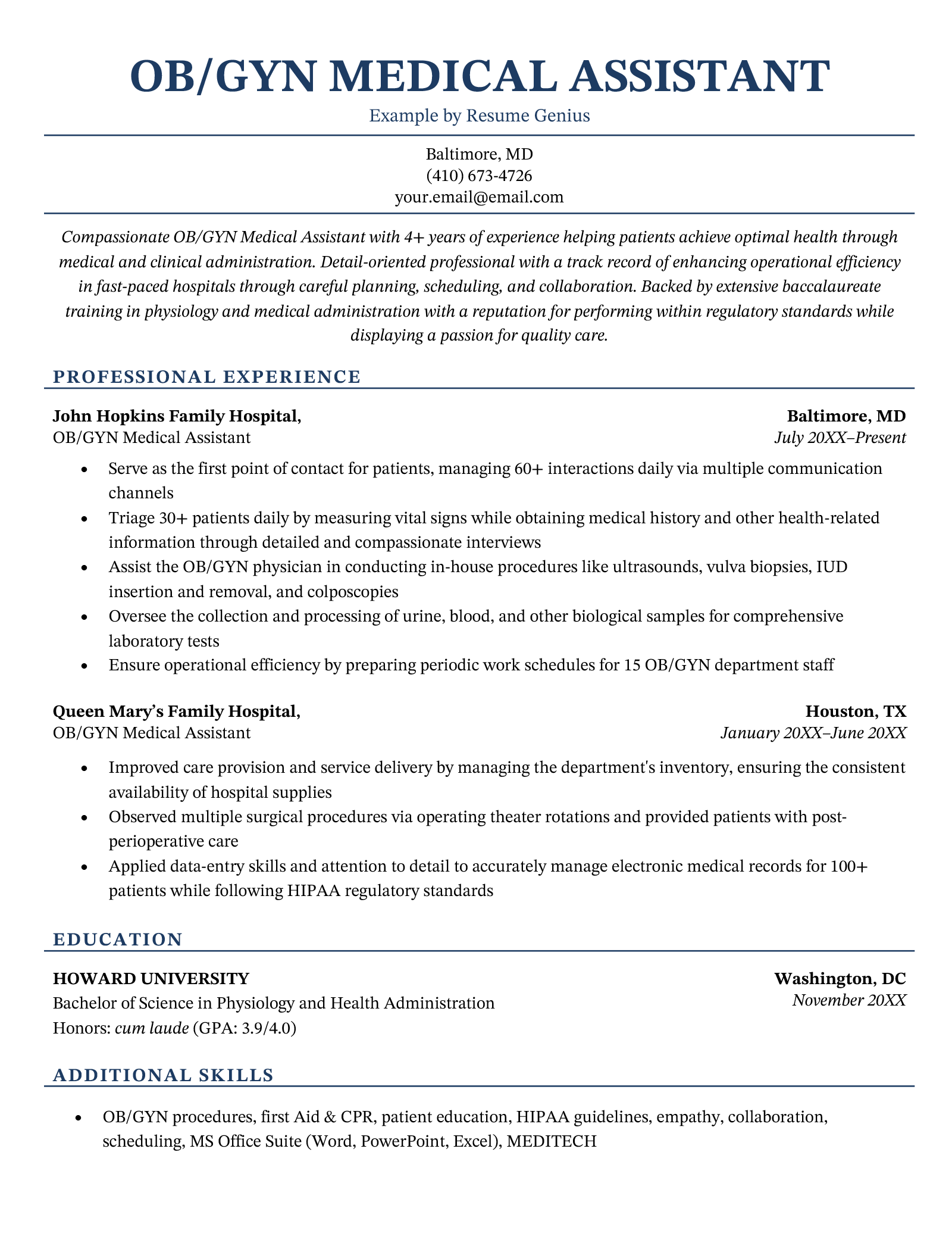 A professional-looking OB/GYN medical assistant resume example using a clean layout and with the header, experience section, education section, and additional skills section each highlighted in dark blue