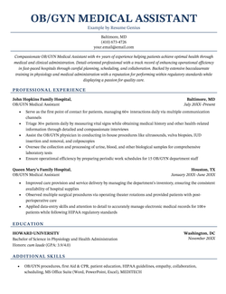 A professional-looking OB/GYN medical assistant resume example using a clean layout and with the header, experience section, education section, and additional skills section each highlighted in dark blue