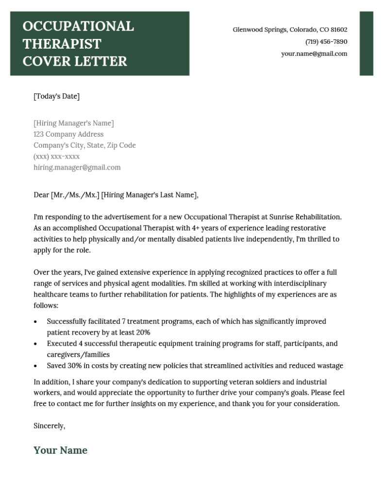 Occupational Therapist Cover Letter - Sample Download
