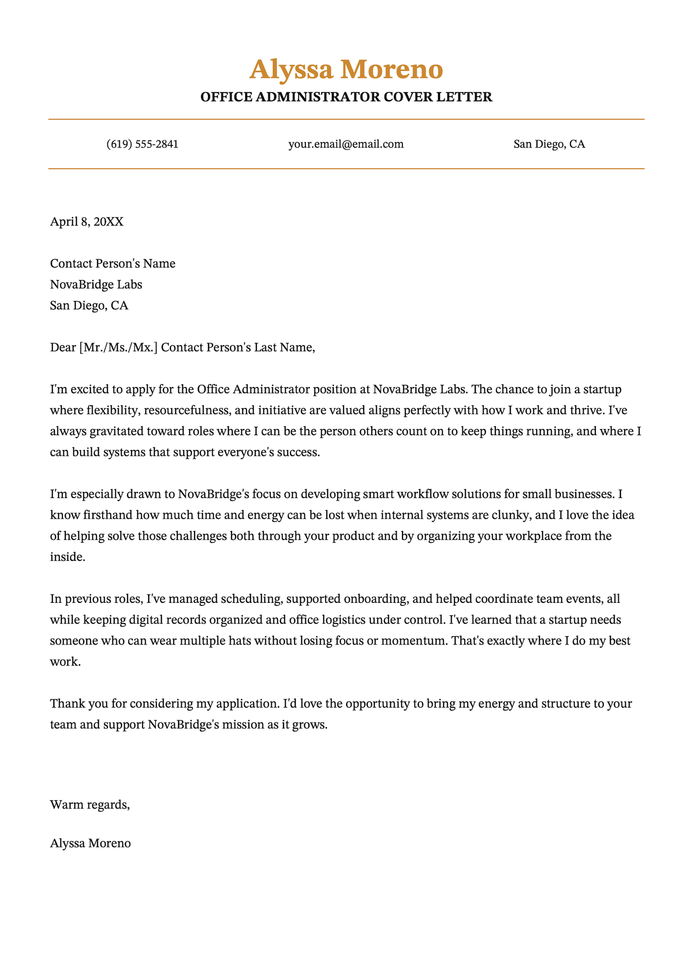 A cover letter example for an office administrator.