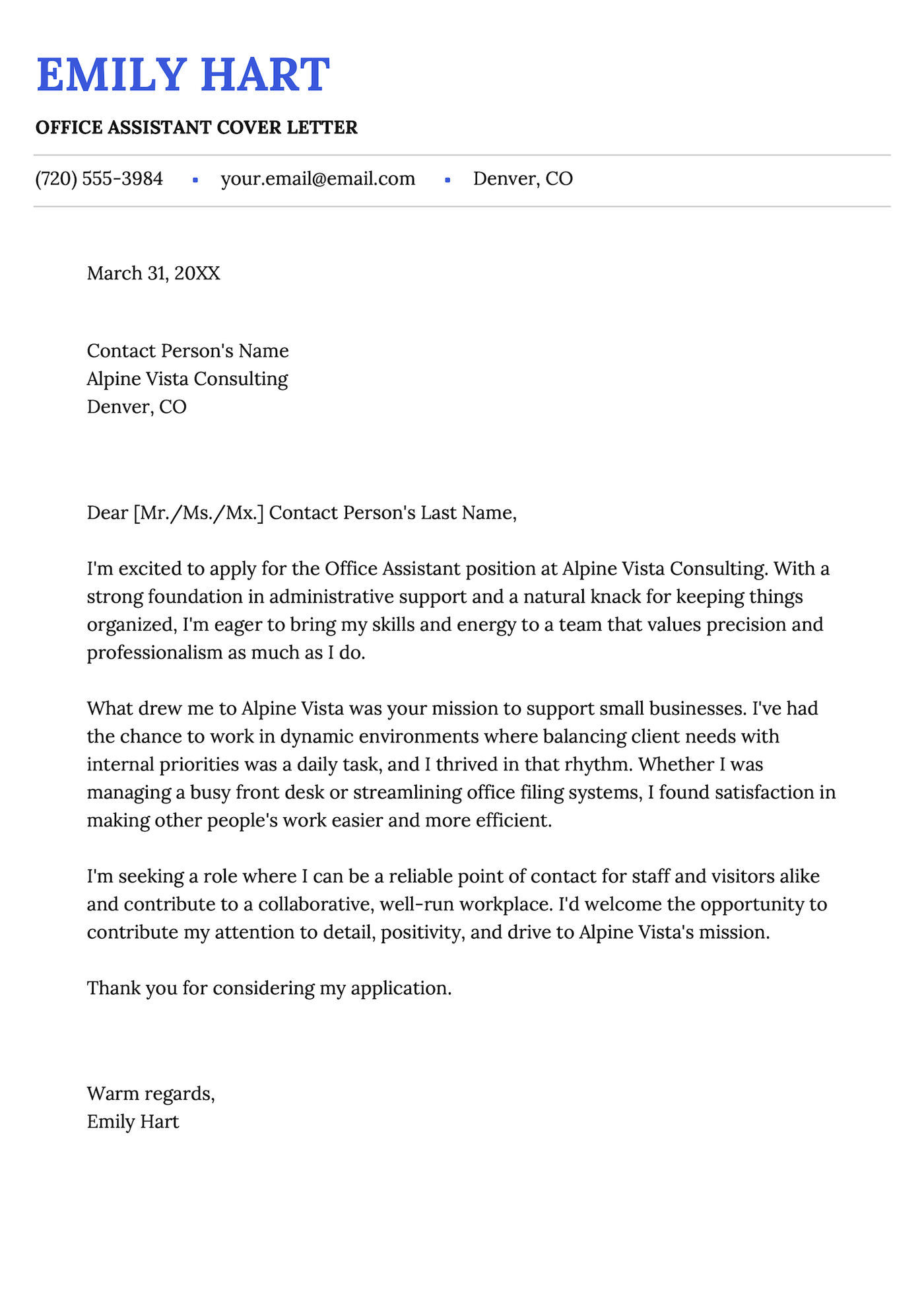 A cover letter example for an office assistant.