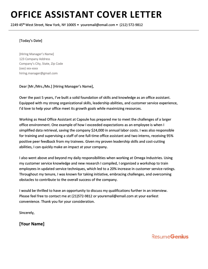 An example of a cover letter for an office assistant on a simple black and white template