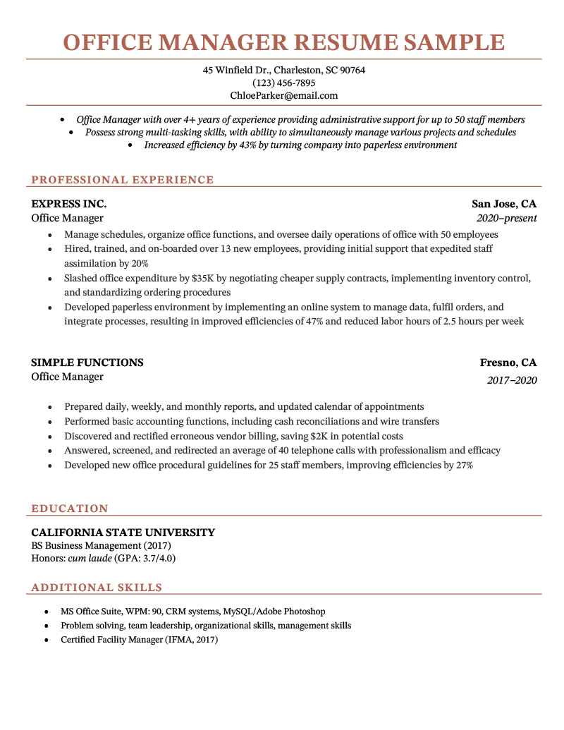 An example of an office manager resume on a simple template with coral header text