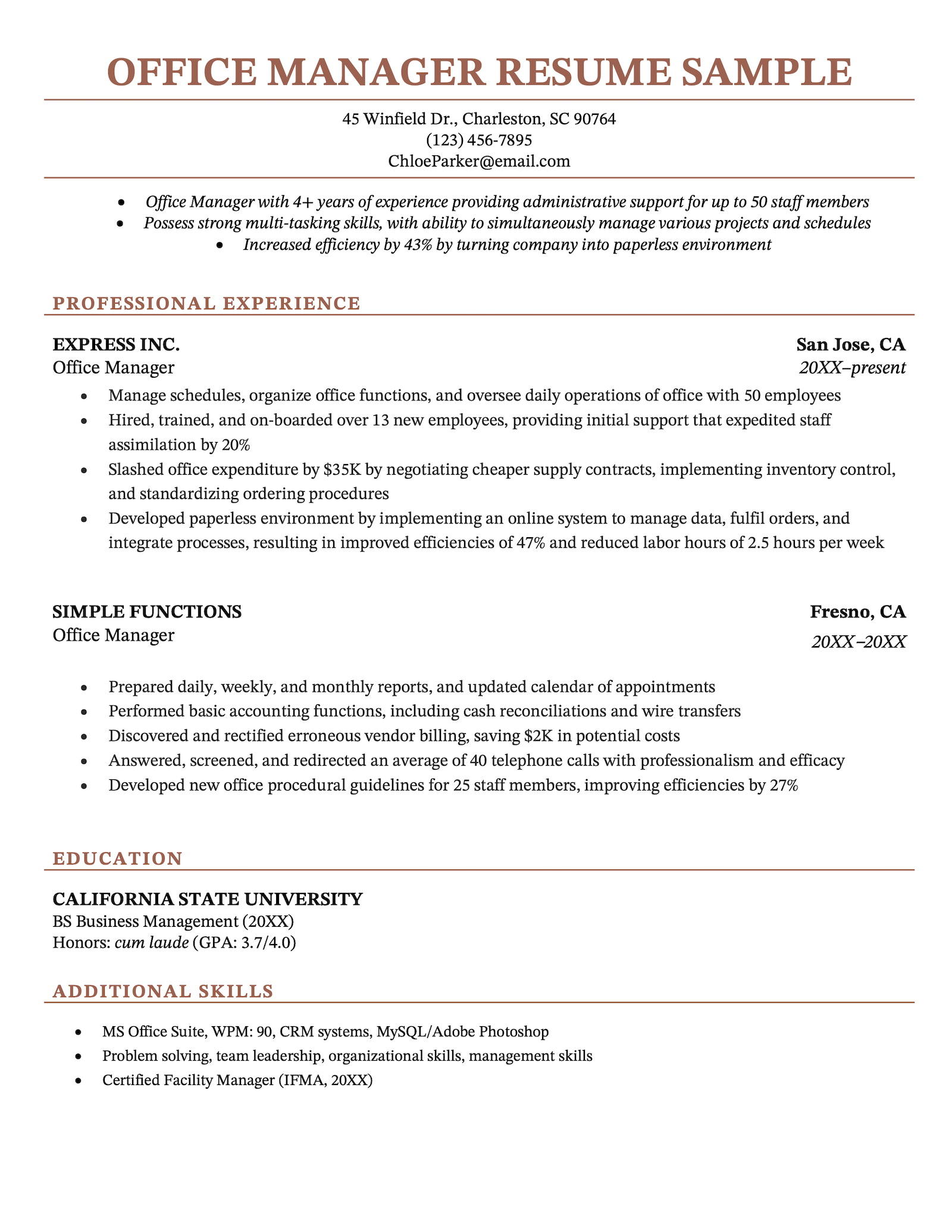An example of an office manager resume on a simple template with coral header text