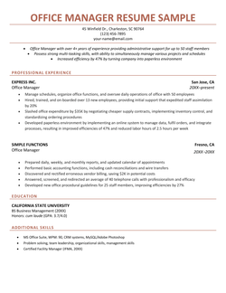 An example of an office manager resume on a simple template with coral header text