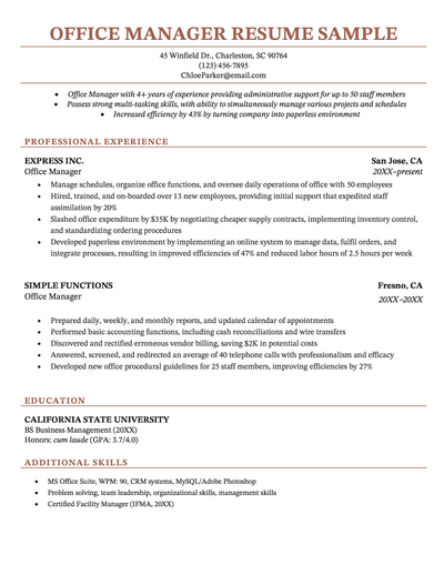 An example of an office manager resume on a simple template with coral header text