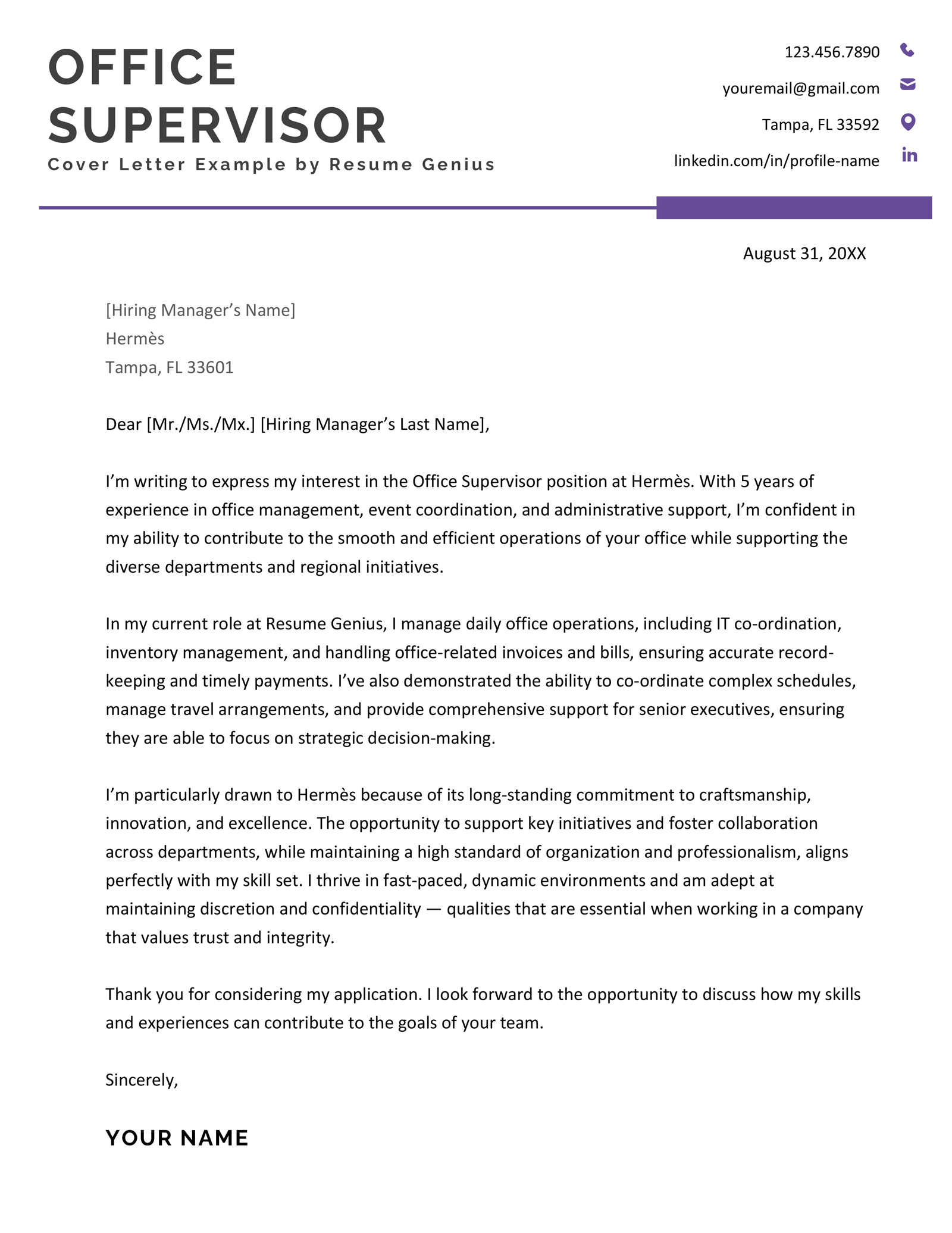 An office supervisor cover letter example.