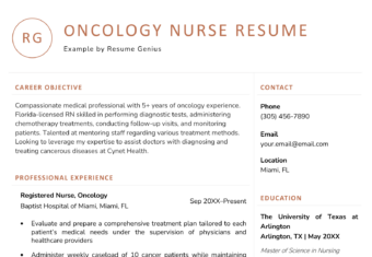 An orange oncology nurse resume with the applicant's career objective and work experience on the left and contact information, education, and skills on the right