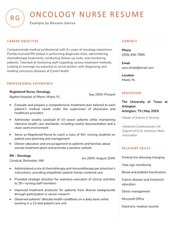 An orange oncology nurse resume with the applicant's career objective and work experience on the left and contact information, education, and skills on the right