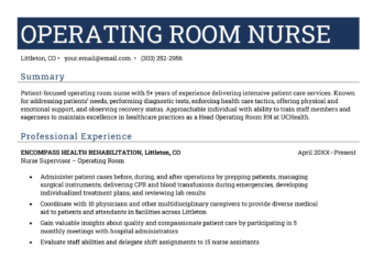 Operating room nurse resume example with dark blue header