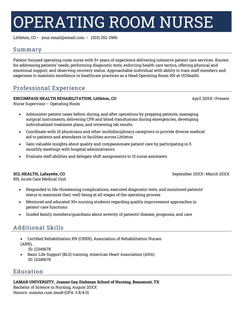 operating room resume cover letter sample