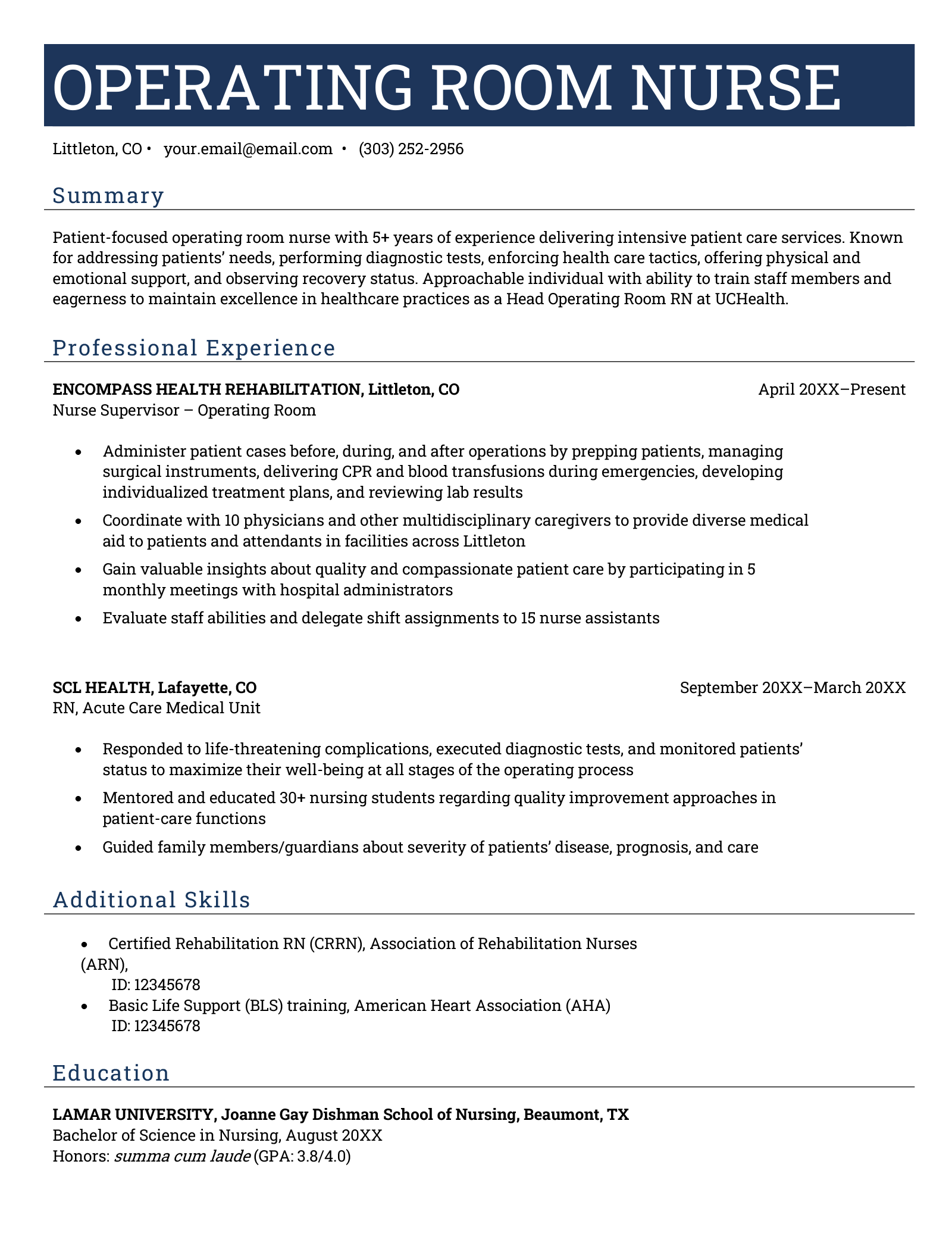 Operating room nurse resume example with dark blue header