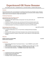 An operating room nurse resume sample with the applicant's contact information in a single line under the resume title, followed by sections for the applicant's resume summary, professional experience, education, and additional skills