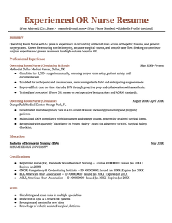 An operating room nurse resume sample with the applicant's contact information in a single line under the resume title, followed by sections for the applicant's resume summary, professional experience, education, and additional skills