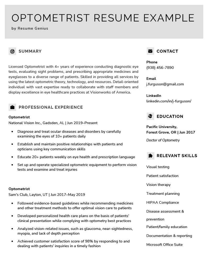 An optometrist resume example with a gray header and sections for the applicant's summary, professional experience, contact information, education, and relevant skills