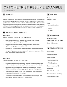 An optometrist resume example with a gray header and sections for the applicant's summary, professional experience, contact information, education, and relevant skills