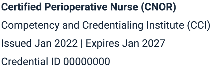 Example of perioperative nurse credential in a certifications section