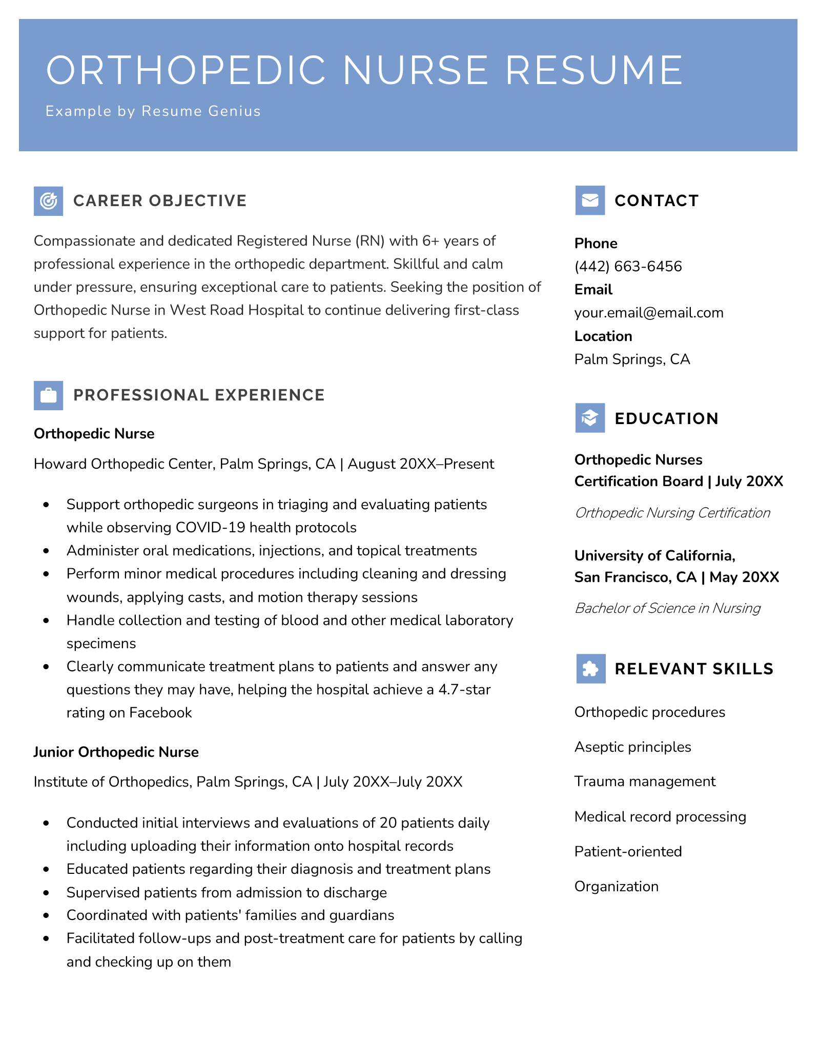 An example of an orthopedic nurse resume