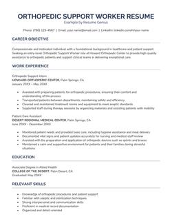 An orthopedic support worker resume example.
