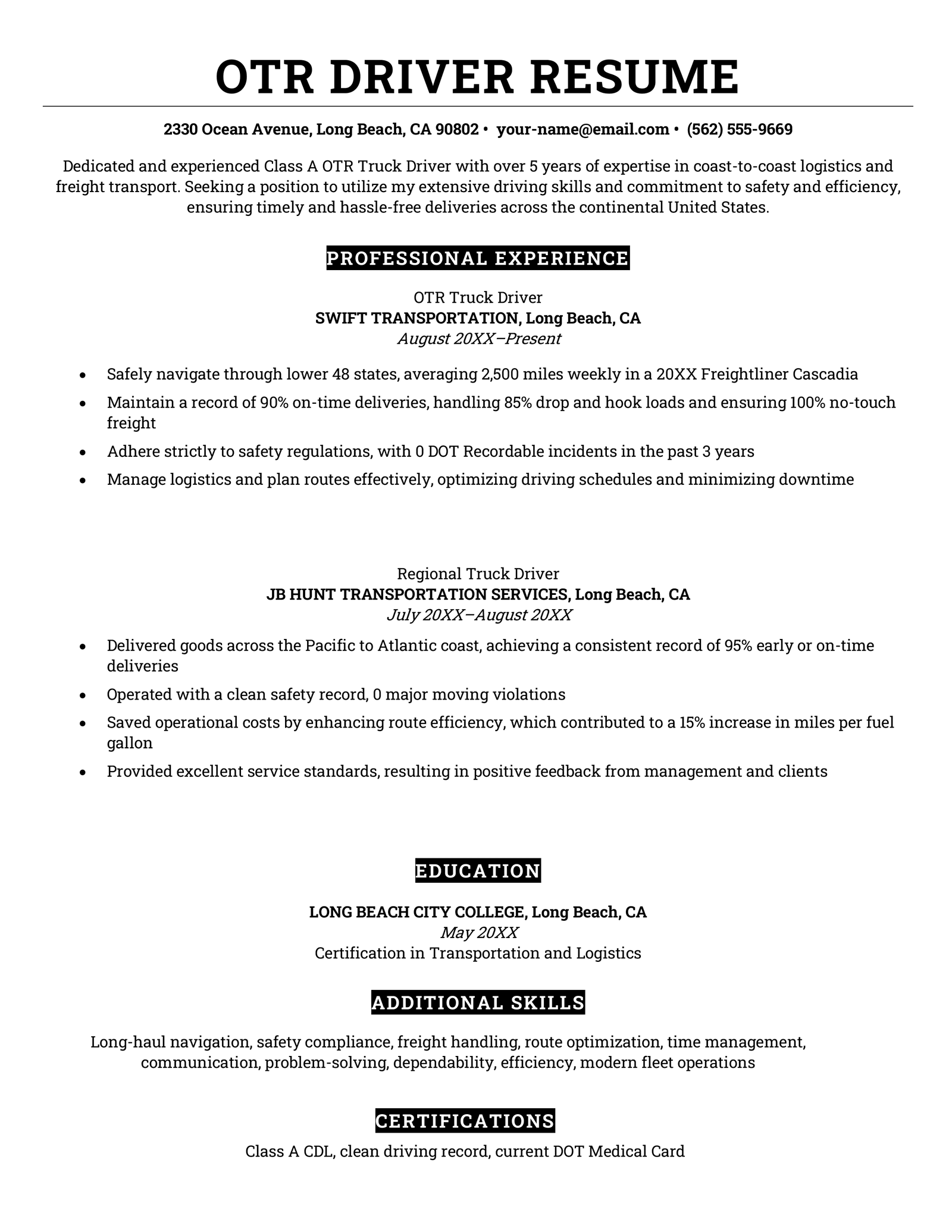 An OTR driver resume that features bold black backgrounds with white text for each section title.