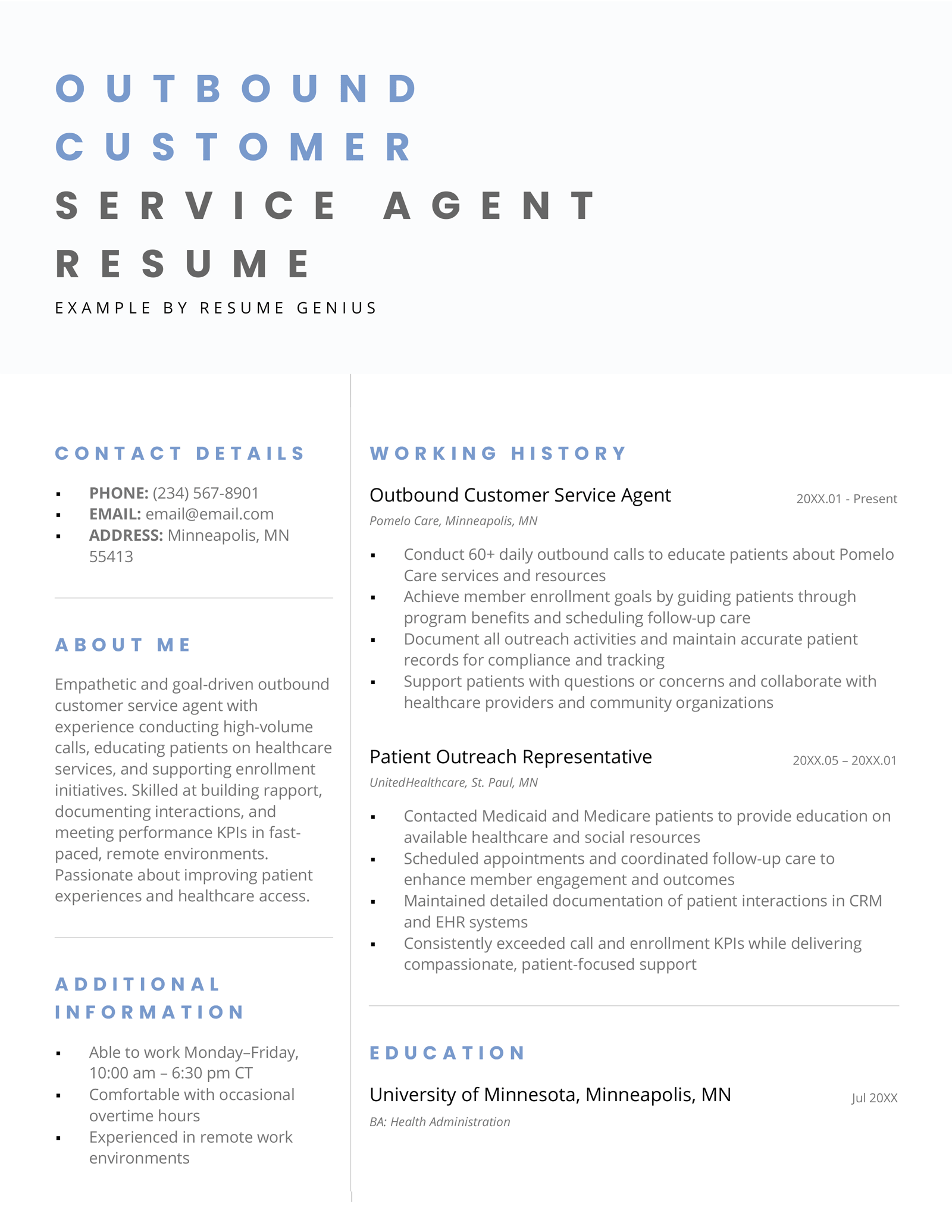An outbound customer service agent resume example.