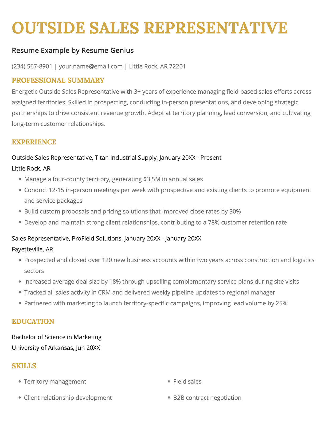 An outside sales representative resume example.