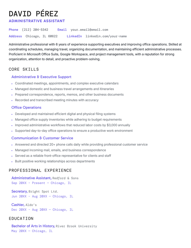 Page resume template in violet