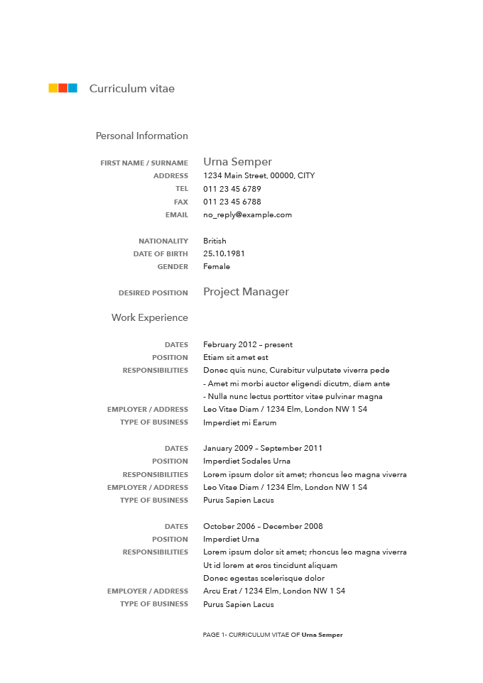 A Pages CV template with a traditional layout and a subtle resume header with three small colorful blocks.