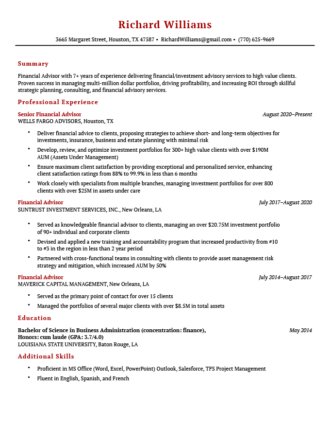 The Easy Resume with a red resume header and red resume section headers.