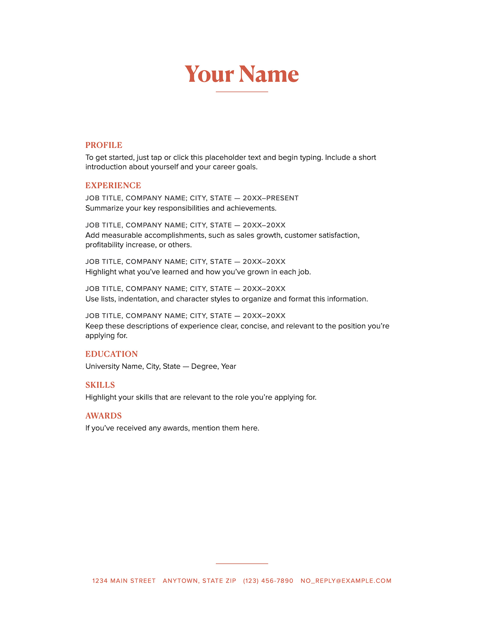 The Personal Pages resume template with an orange header an orange resume section headers.