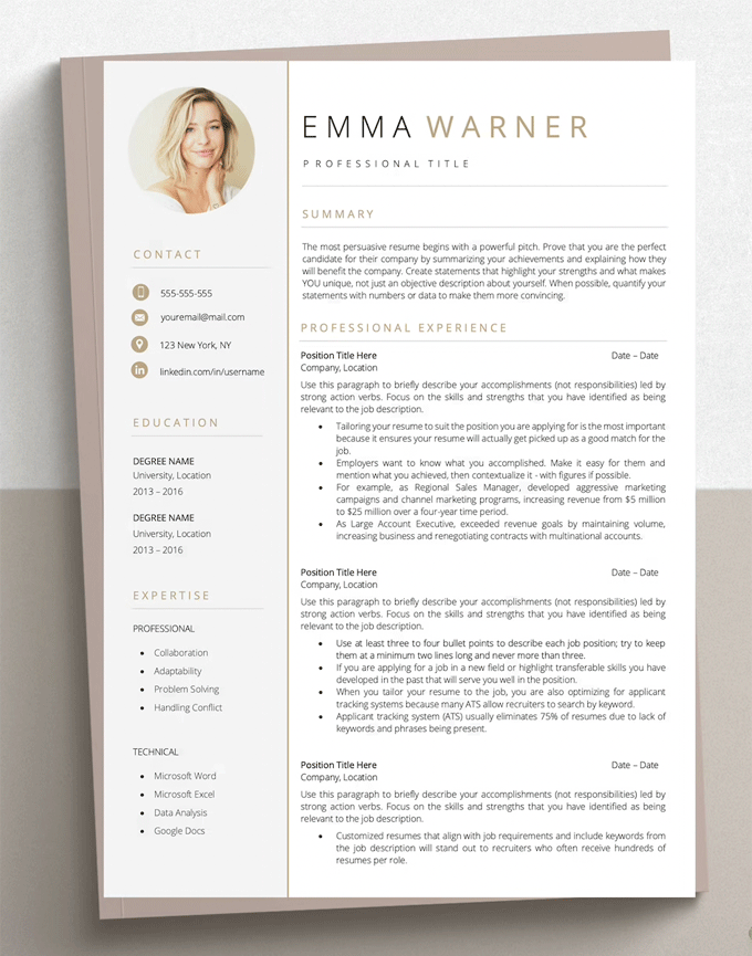 A pages resume template with a photo in the top left corner above a left-aligned border containing the candidate's contact information, education history and skills.