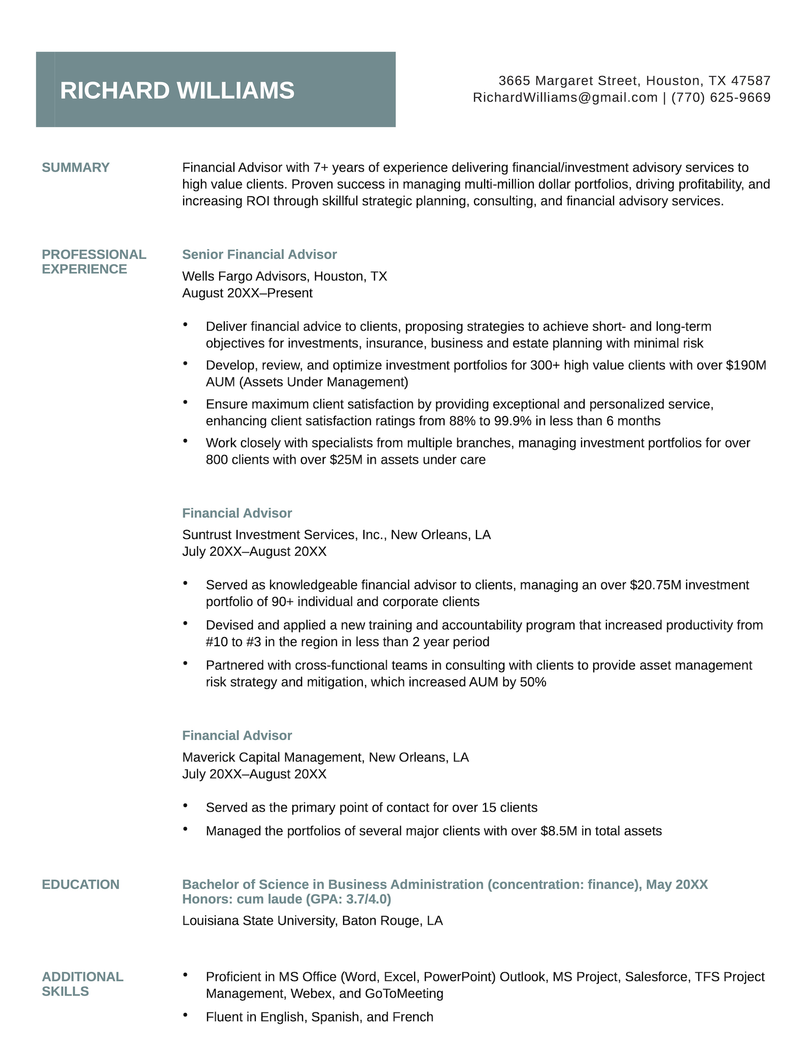 Un modèle de CV Pages avec un en-tête turquoise.