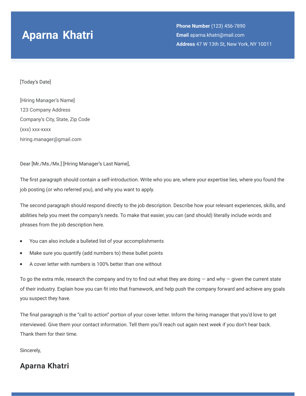 Pantheon cover letter template in navy blue, with a full color header that includes the contact information.