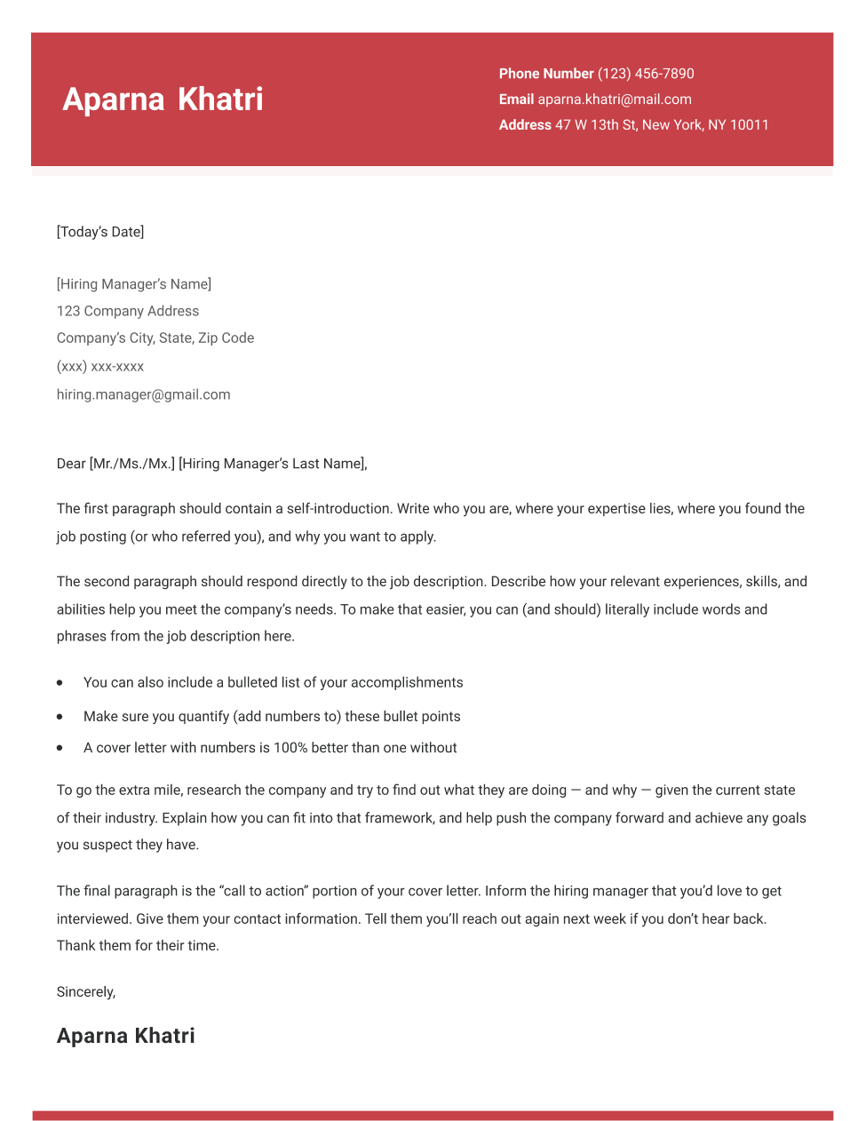 Pantheon cover letter template in red, with a full color header that includes the contact information.