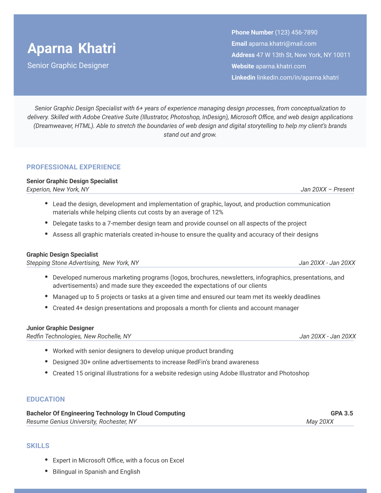 Pantheon CV template in blue