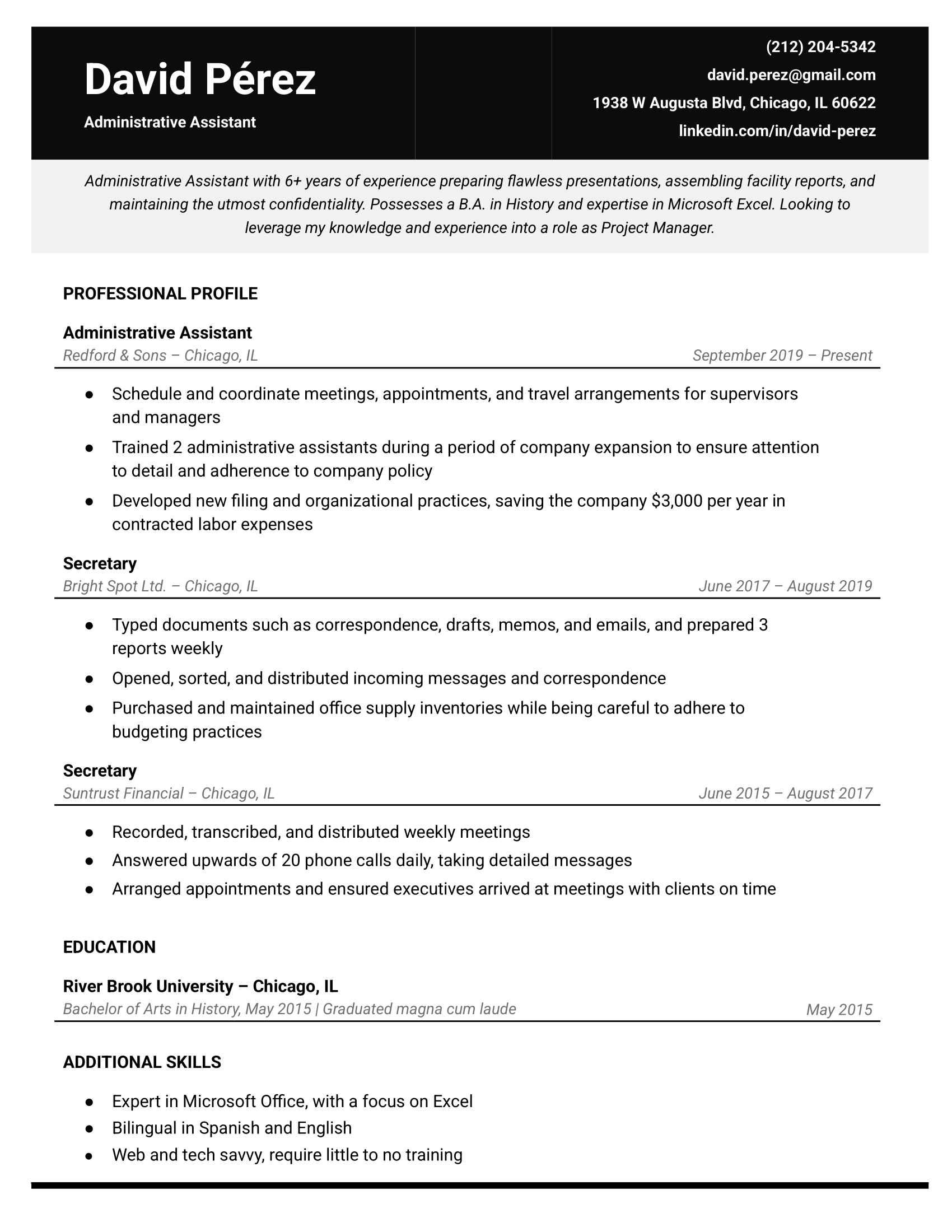 Professional Google Docs resume template in black and gray with a bold header and single-column layout.