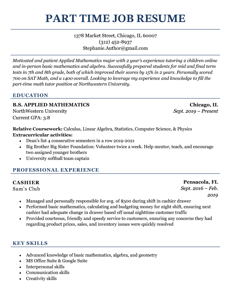An example of a resume written for a part-time job