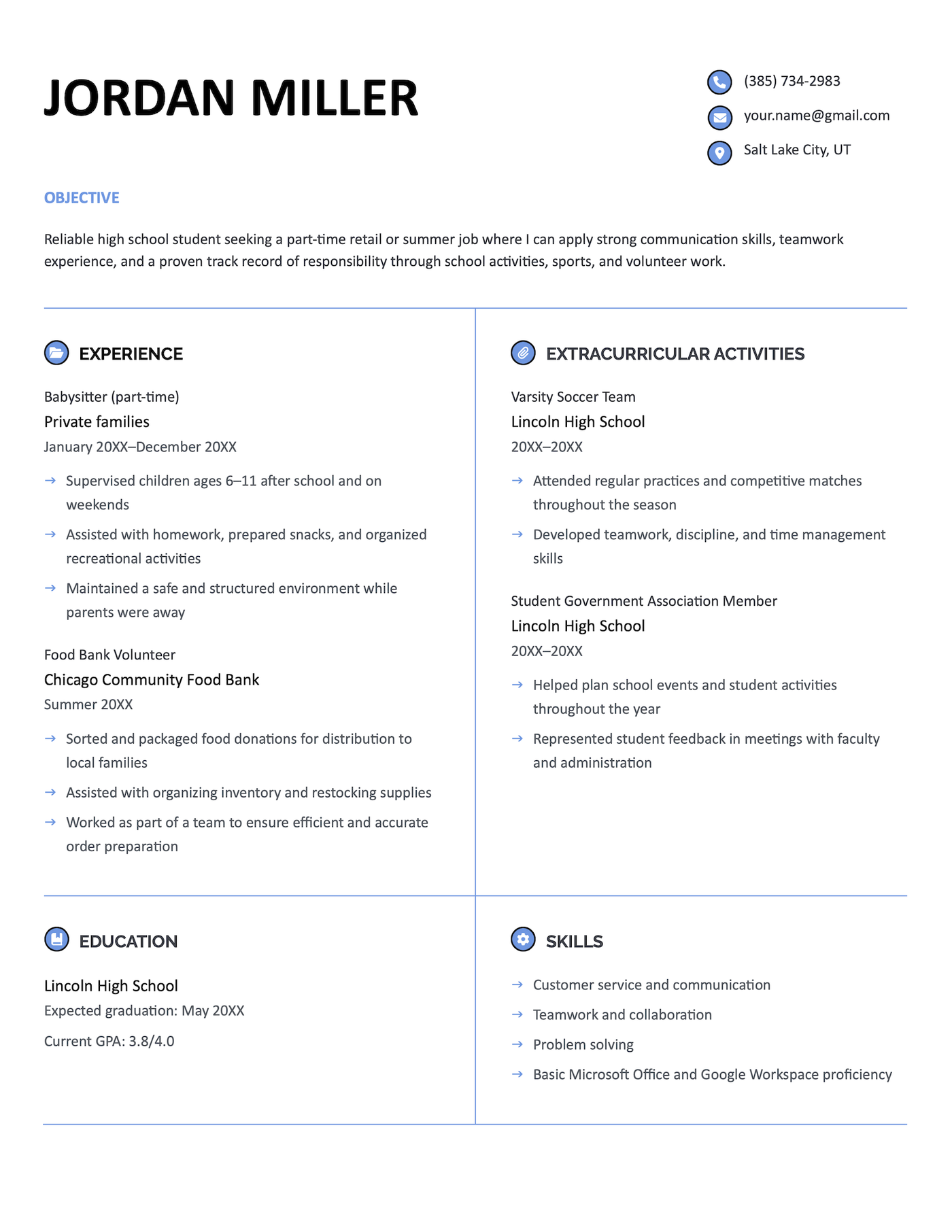 A resume example for a student applying for a part-time job.